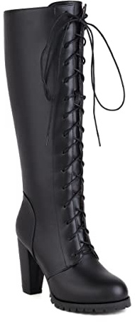 JIEEME Sintético elegante bloque de dedo del pie redondo con cremallera de tacón alto con 9,5 cm Easy Walikng hasta la rodilla botas altas para mujer talla grande 35-46 T76-52, Negro , 37 EU