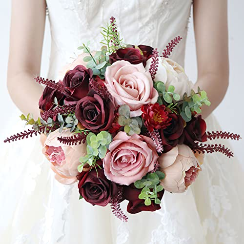 Fouriding Wedding Bouquet Vintage Style Artificial Mutiple Silky Hand Flower Wine Red Rose Bride Bridal Bouquet Bridesmaid Wedding Decoration Bouquets