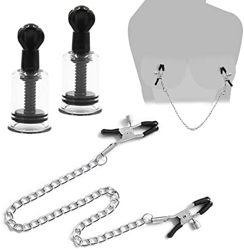 BDSMAGE Brust Stimulation Set mit 2 stk Nippelsauger + Nippelklemmen Kette,BDSM Sexspielzeug für Damen Männer,Brustwarzensauger Klitoris Sauger Brustpumpe Vaginal Clip Schwarz
