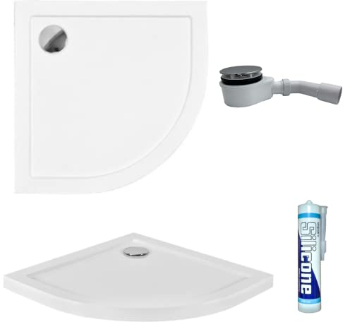 ECOLAM® stabile Duschwanne Duschtasse Aron Viertelkreis flach 80 x 80 x 5,5 cm Tiefe 3 cm R55 Acryl weiß + Siphon, Silikon