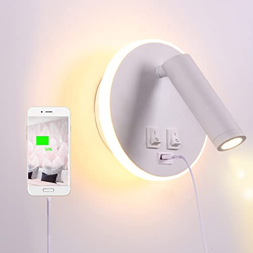 TWSXTE Applique da comodino orientabile Porta di Ricarica USB Lampada da Parete camera da letto Faretto da camera da letto luce per la lettura 3000K (3W + 9W)