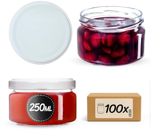 KADAX 100 tarros de 250 ml, tarros de mermelada con tapa Twist-Off fi82, vasos de postre, herméticos y aptos para lavavajillas, vidrio de pared gruesa, selección de tapas de rosca (blanco)