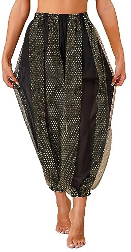 Agoky Damen Metallic Glänzend Hose Hip Hop Baggy Pants High Waist Tanzhose Glitzer Elastischer Bund Sporthose Fasching Bauchtanz Kostüm