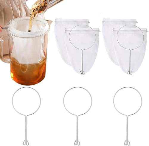 4 Stück Nussmilchbeutel,Passiertuch,Passiertuch Wiederverwendbar,Nut Milk Bag,5 Stück Stahlring Rührer,Zum Filtern Von Veganer Nussmilch Gemüsesäften und Säften(Stahlring Weiß)