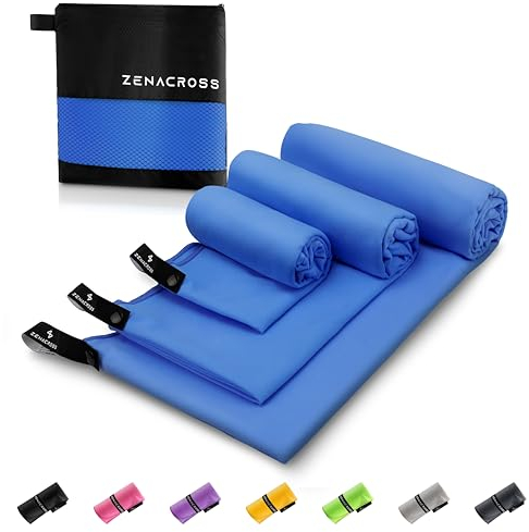 ZENACROSS Mikrofaser Handtuch (3er-Set) mit Transportbeutel - Schnelltrocknendes und vielseitiges Fitness Handtuch - Sporthandtuch Größen S, M, L - Blau