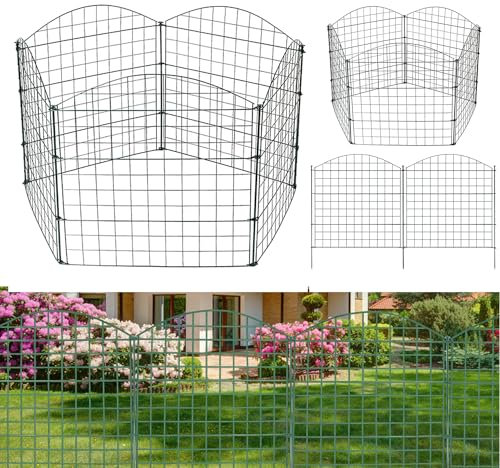 Fiqops Teichzaun Gartenzaun Steckzaun Komplettset Metall 10 Zaunelemente Länge 7,5 m, Inkl 12 Befestigungsstäbe, Hundezaun, Gitterzaun Set für Tierbarriere (Oberbogen,Grün)