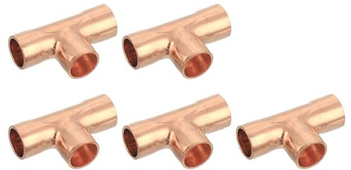 QUARKZMAN 5 Pezzi 8mm Raccordo a T in Rame Raccordo a Forma di T con Connessione a Saldare per Impianti Idraulici, 28x17mm