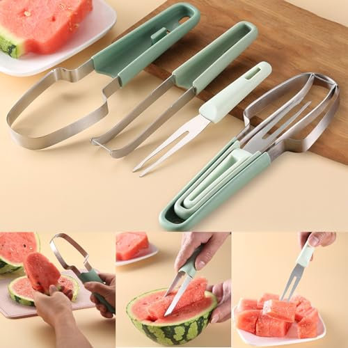 Wassermelonen Schneider, 3 In 1 Melonenschneider Aus Edelstahl, Wassermelonenschneider mit Obstgabeln, Eis am Stiel Melonen Schneider, Obstschneider, Melonen Schneidwerkzeug für Zuhause, Küchen (C)