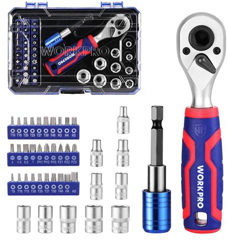 WORKPRO 42-teiliger 1/4 Steckschlüsselsatz, Ratschensatz mit Bit und Magnetischer Bithalter für Heimwerker, Autoreparatur und tägliche Wartung mit Werkzeugkasten