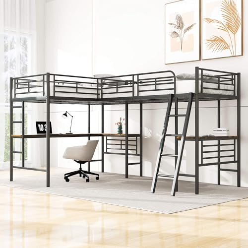 YCYDHDM Etagenbett Metallbett 90 x 200 cm mit Schreibtisch und 2 Leiter, Hochbett Doppelstockbetten mit Lattenrost, Bettgestell aus Metall, für Jungen und Mädchen, Ohne Matratze, Schwarz