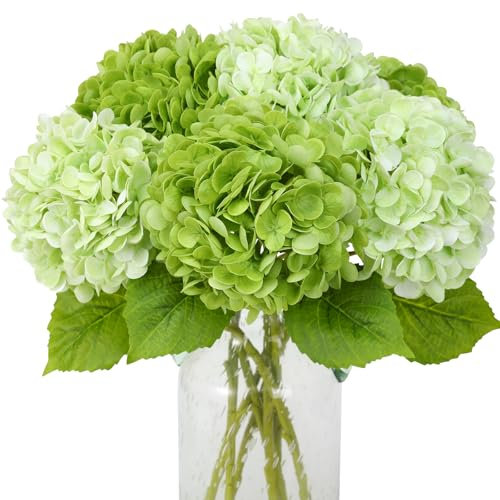 JUSTOYOU Hydrangea Flowers Artificial,4 PCS Double Colour Single Long Stem Realistic Hydrangea Flowers, 19.6Inch Large Real Touch Fake Hydrangea Bouquets for Wedding Home Party(green and light green)