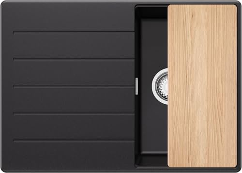 PRIMAGRAN Spülbecken ab 40er Unterschrank + Ablauf-Set, 70x50cm | Set: Ablauf-Set (Siphon, Ablaufgarnitur, Überlauf) + Schneidebrett + Granitspüle 1 Becken - Kopenhagen Top, Schwarz