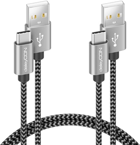 deleyCON SET di Cavi USB-C (2 Pezzi Ciascuno 2m) Nylon Cavo di Ricarica Cavo Dati USB Tipo C Spina in Metallo Ricarica e Sincronizzazione del Telefono Cellulare e Dello Smartphone