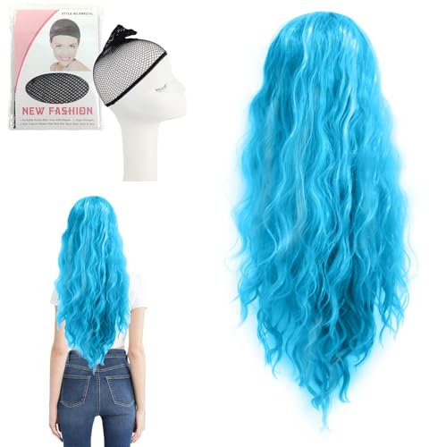 Blau Cosplay Perücke, Mädchen Lang Lockig Perücken Haar lange gewellte Perücken, Filmcharakterperücken, für Weihnachten Maskerade, Anime Cosplay Kostümparty Halloween Karneval (Blau)