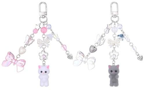 Ouligay 2 Pcs Fuzzy Cat Keychain,Cute Key Chain Charms,Kawaii Matching Keychains with Bow,Fuzzy Kitty Cat Decor for Cat Lover,Aesthetic Y2k Keychain Gift for Women Backpack Purse(Gray White)