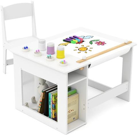 Maxmass Kids Art Table and Chair, Wooden Children Activity Desk with 2 Tier Open Shelves, Paper Roll, 4 Paint Cups, Toddler Play Table for Crafting, Writing, Drawing, Learning