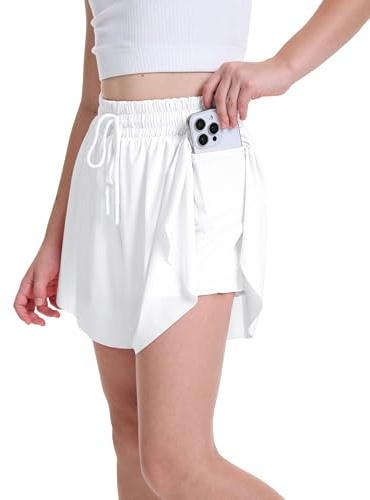 ANTLOOWW Flickshorts elastisk midjeband fickor, cykelshorts flickor stretch kort passar för löpning, fritid, fitness, skola, Vitt, 5-8 Years