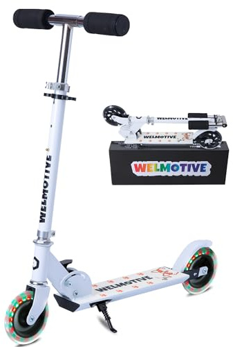 Welmotive Kinderroller mit LED Rädern Klappbarer Scooter aus Aluminium höhenverstellbar Ultraleicht Tretroller für Kinder ab 3 Jahren bis 50 kg belastbar Geschenkidee für Geburtstag Weihnachten Weiß