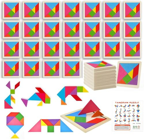 24 PCS Tangram Legno Gioco Bambini, Tangram Gadget con 24 Guida, Regalini Fine Festa,Compleanno Bambini Regalini, Giocattoli Educativi Tipo Montessori, Giochi Educativi Puzzle
