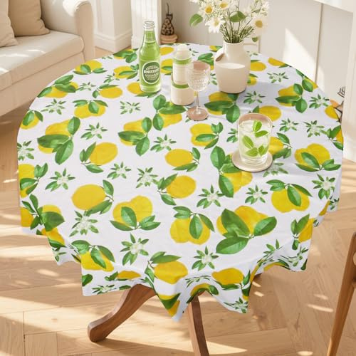 Arquiel Wachstischdecke mit Gelb Zitronenmotiv, Rund, Ø 152 cm | Abwischbare PVC Wachstischdecke Wetterfest mit Grün Blattmotiv für Küche, Esszimmer, Outdoor und Festliche Tischdekoration