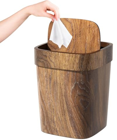 Poubelle en Bois pour Salle de Bain | Corbeille à Déchets Papier Rectangulaire,Poubelle Décorative Anti-Odeurs de 12 Litres avec Couvercle Battant pour Buanderie, Salle de Bain, Terrasse et Sous