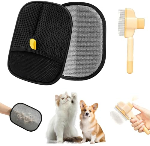 DXPETA 2 Pcs Pet Hair Removal Glove+Pet Brush, Electrostatic Pet Hair Remover, Grooming Gloves for Dogs and Cats, Deshedding Glove & Brush Kit for Effective Pet Hair