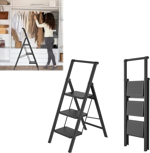 SAILUN Folding Step Ladder, 3-Step, With Handrail, Steel Construction, Non-Slip Rubber Mats, Widened Steps, 250KG Load Capacity, Suitable for Home, Office, Garage, Black