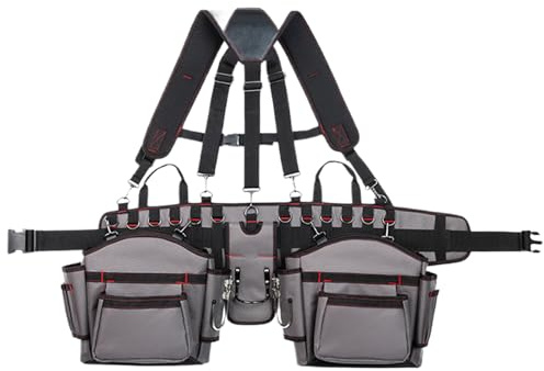 Qkbuza Ceinture à outils pour homme – Ceinture porte-outils avec bretelles pour homme, étui de poche réglable, organiseur utilitaire pour intérieur et extérieur, travail, jardinage, électricien