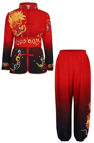 Yruioon Set sportivo per bambini e ragazzi Tai Chi uniforme cinese Kung Fu Shirt + pantaloni Wushu Cinese Kung Fu Wing Chun, A Rosso Nero, 170-176