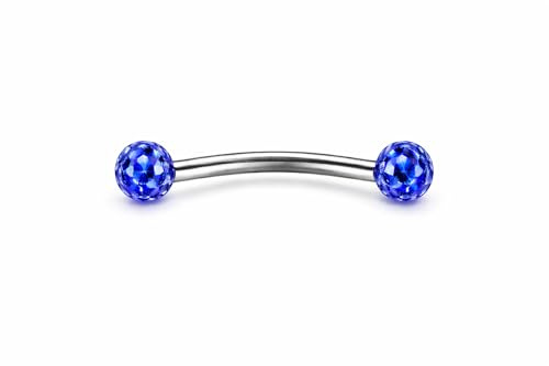 16G VCH Piercing Jewelry 12mm - Internally Threaded Curved Barbell with Resin Coated Disco Ball Crystals - Sparkle Hood Piercing for Women - White, Blue, Pink, Red (BLUE)
