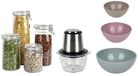 Cofan Pack Picadora Eléctrica 400 W 1,2 L, 4 Tarros Herméticos de Vidrio, 3 Bols de Cocina Multiusos para Preparación y Almacenaje
