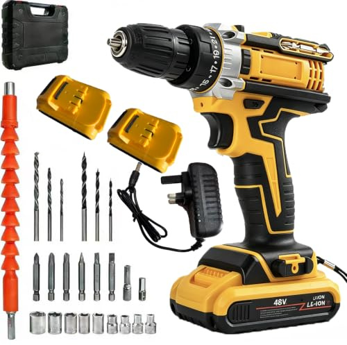 Cordless Drill Driver 21V,1500rpm Cordless Hammer Drill Set with 2000mAh Battery,Mini Electric Drill Driver Set and 24+3 Torque Set, 2-Speed,LED Light,DrillBits,ABS Shell for Home DIY (Yellow)