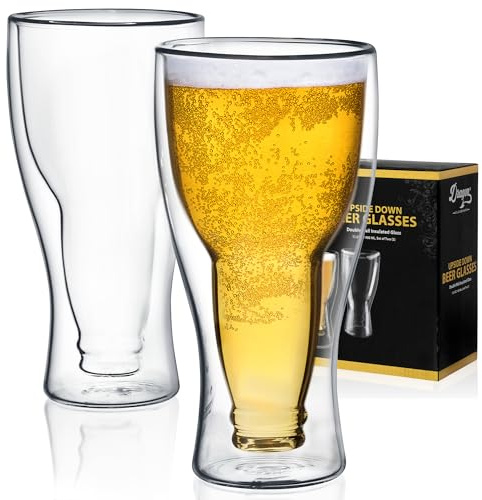 Dragon Glassware Beer Glasses - 13.5 oz Clear Double Wall Insulated Beer Glass Set of 2 - Upside Down Design - Holds One Full Bottle - Freezer Safe