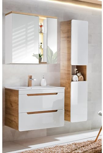 Lomadox Waschplatz Set in weiß Hochglanz und Wotan Eiche Nb., 81 cm Keramik-Waschtisch, LED-Spiegelschrank & Hochschrank