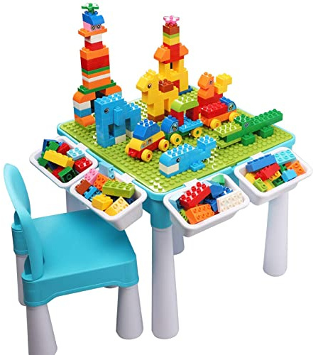 burgkidz Kids 5-in-1 Multi Activity Table Set - 128 Pieces Compatible Bricks Toy Includes 1 Chair and Large Building Block Table with Storage, Green Baseplate Board (Blue)