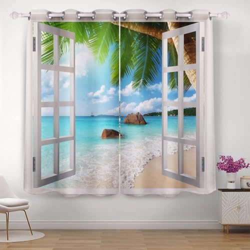 Violetpos 245 x 140 cm Weiße Fenster Strand Palmen Meer Gardinen Blickdichter 2er Set Vorhang Verdunkelung mit Ösen für Schlafzimmer Wohnzimmer