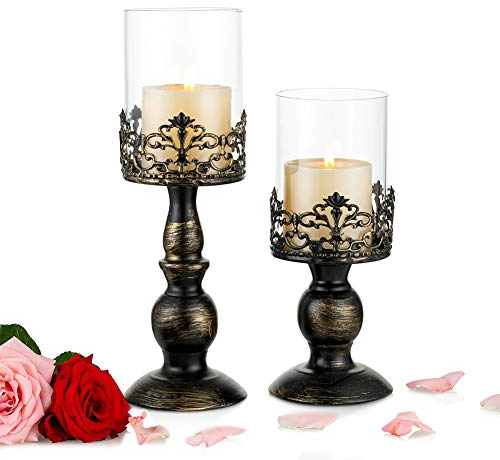 Nuptio Set di 2 Portacandele per Candele A Colonna con Coperchio in Vetro, Candeliere in Metallo Antico Uragano per la Decorazione del Tavolo da Pranzo del Camino per la Festa Nuziale di Casa