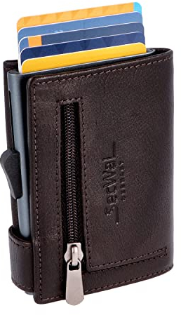 SecWal Kartenetui mit Münzfach Reißverschluss - Made in Germany - Echtleder Geldbörse inkl. E-Book für Damen und Herren - RFID Schutz Portemonnaie Leder - Geldbeutel klein (Braun)