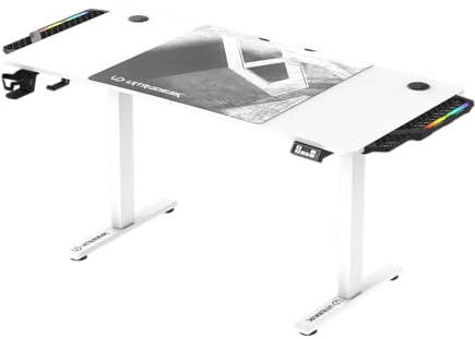 ULTRADESK - Level V2 Höhenverstellbarer Schreibtisch - Elektrischer Computertisch - 140x68 cm, für Gaming, Büro, Homeoffice - Set mit XL-Mauspad, LED RGB - Weiß Led