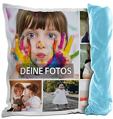 Print Royal Fotokissen mit Collage selbst gestalten - mit 6 Fotos Personalisieren - Geschenk für Familie und Freunde | Rückseite Hellblau, inkl. Kissenfüllung, 40x40cm