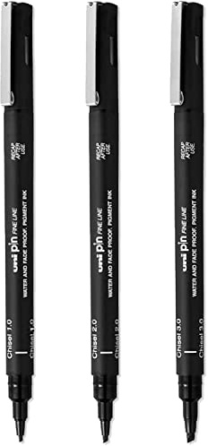 Uni Pin Fineliner - Pennini a scalpello, inchiostro nero, 1,0 mm, 2,0 mm, 3,0 mm, confezione da 3