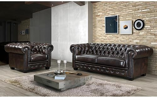 Vente-unique-Chesterfield Garnitur 3+1 - Büffelleder - Braun - Brenton