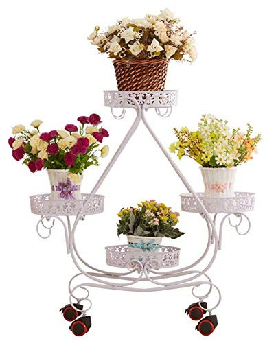 FLBT Pflanzenständer Blumenständer Pflanzenständer Metall 3 Ebenen Blumenregal mit Rädern Indoor Outdoor Blumenregal, Weiß Perfekte Dekoration