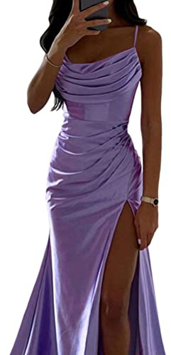 ORANDESIGNE Robe de Soirée Longue Femme en Satin sans Manches Dos Nu Fendue Couleur Unie élégante Robe Maxi Bretelles Spaghetti Fendue Bal Mariage Cocktail Party Dress A Violet XS
