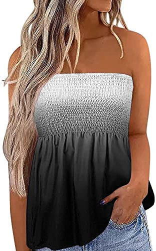 Women Strapless Bandeau Tank Casual Loose Sleeveless Tube Tops Summer Flowy Tunic Tube Top Tee Shirt Blouse (B-Black Gradient, M)