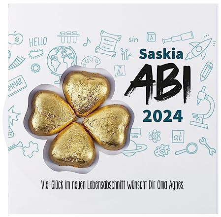 Herz & Heim® Grußkarte zum Abi mit vier zum Kleeblatt geformten Schokoherzen / personalisiert mit Name, Jahr und Wunschtext
