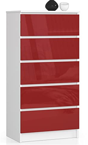 BDW Kommode Hochglanz K60 mit 5 Schubladen für Schlafzimmer, Wohnzimmer, Badezimmer, Büro - Modernes Design - Mehrzweckschrank mit viel Platz - 60 x 121 x 40 cm - Weiß-Rot