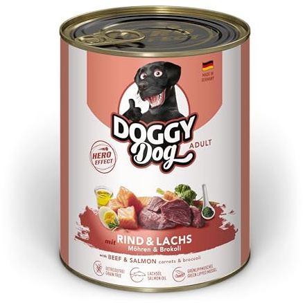 DOGGY Dog Paté Rind & Lachs, 6 x 800 g, Nassfutter für Hunde, getreidefreies Hundefutter mit Lachsöl und Grünlippmuschel, Alleinfuttermittel mit Karotte und Brokkoli, Made in Germany | Alleinfuttermittel, Getreidefrei, Lachsöl & Grünlippmuschel, Hoher Fleischanteil, Made in Germany