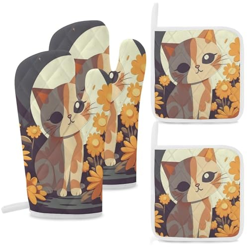 Lot de 4 gants de cuisine et maniques résistants à la chaleur pour barbecue Motif chat et fleur