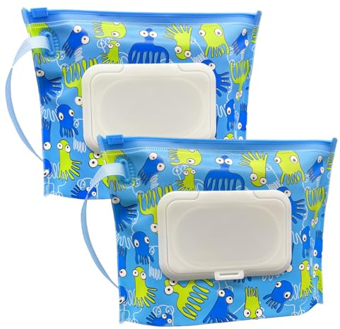 2-pack liten storlek bärbar våtservettsbehållare (18 cm x 13 cm), återanvändbar och påfyllningsbar baby våtservetter fodral, miljövänlig praktisk resa blöja våtservetter bärdispenser (blå bläckfisk)